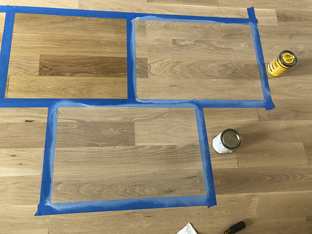 Custom stain samples applied to white oak hardwood flooring in Glencoe, IL by Midwest Hardwood Floors