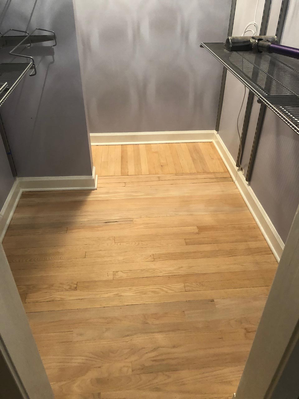 Red oak closet hardwood floor freshly sanded by Midwest Hardwood Floors