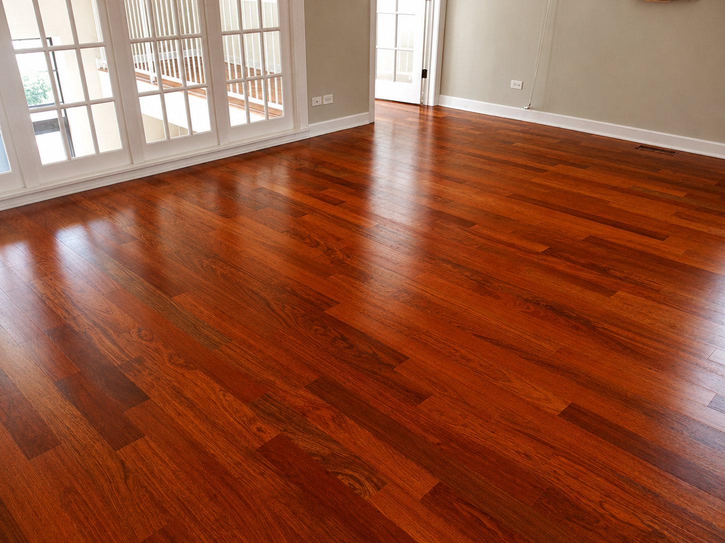 Refinished Brazilian Cherry hardwood flooring with rich natural reddish-brown color in Lake Forest, IL by Midwest Hardwood Floors