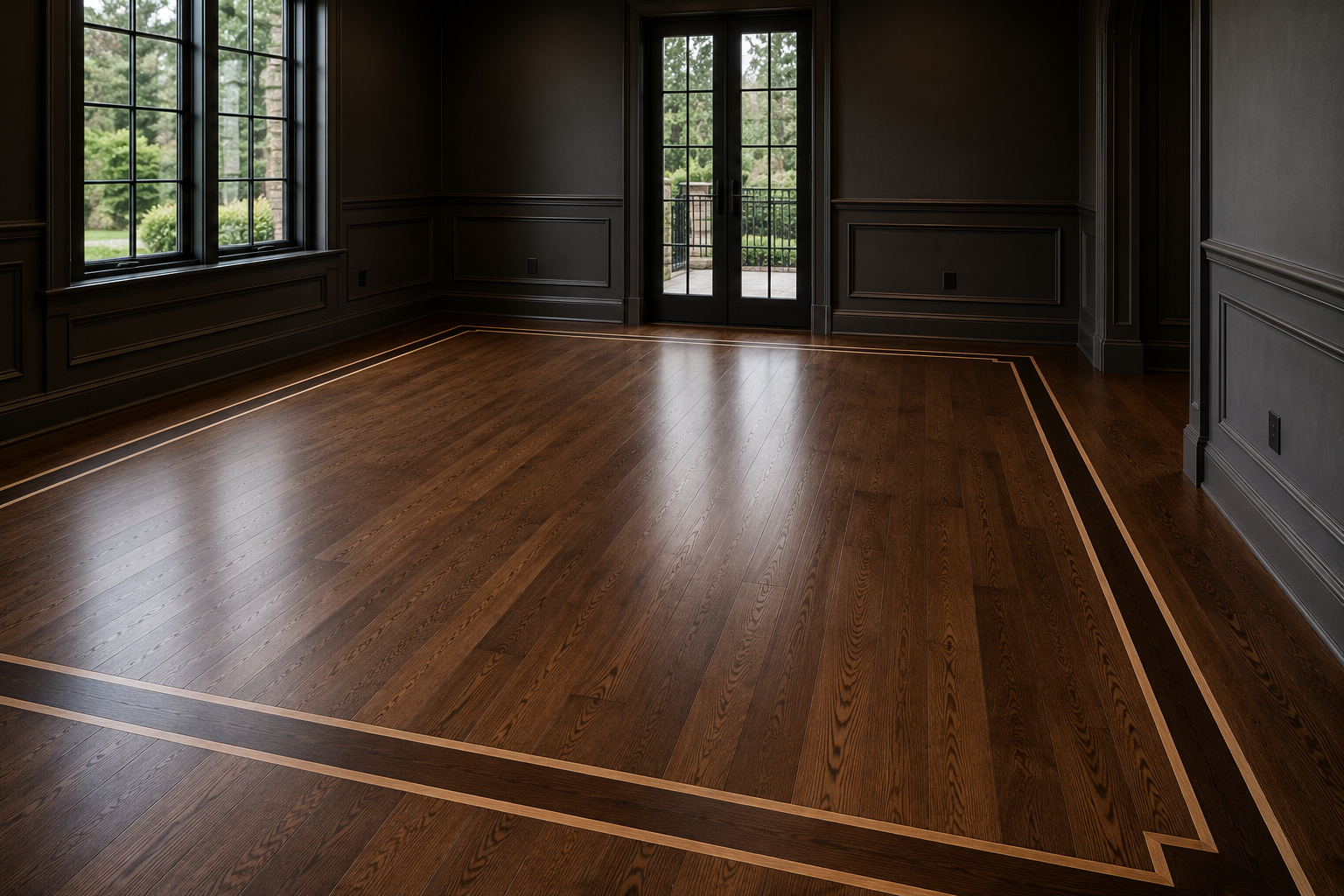 Dark hardwood flooring with a custom contrasting wood border in a Northbrook home
