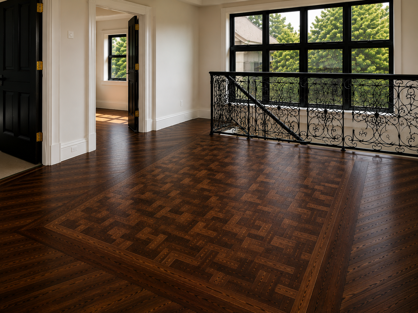 Dark refinished hardwood floor with decorative parquet pattern in Chicago, Illinois