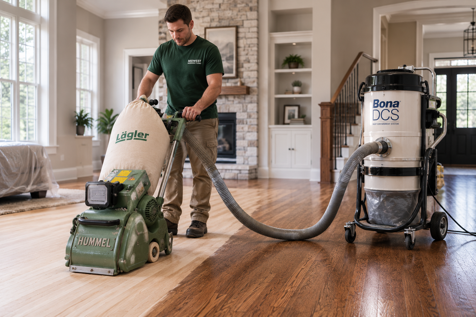 Professional dustless hardwood floor refinishing in a Chicago home