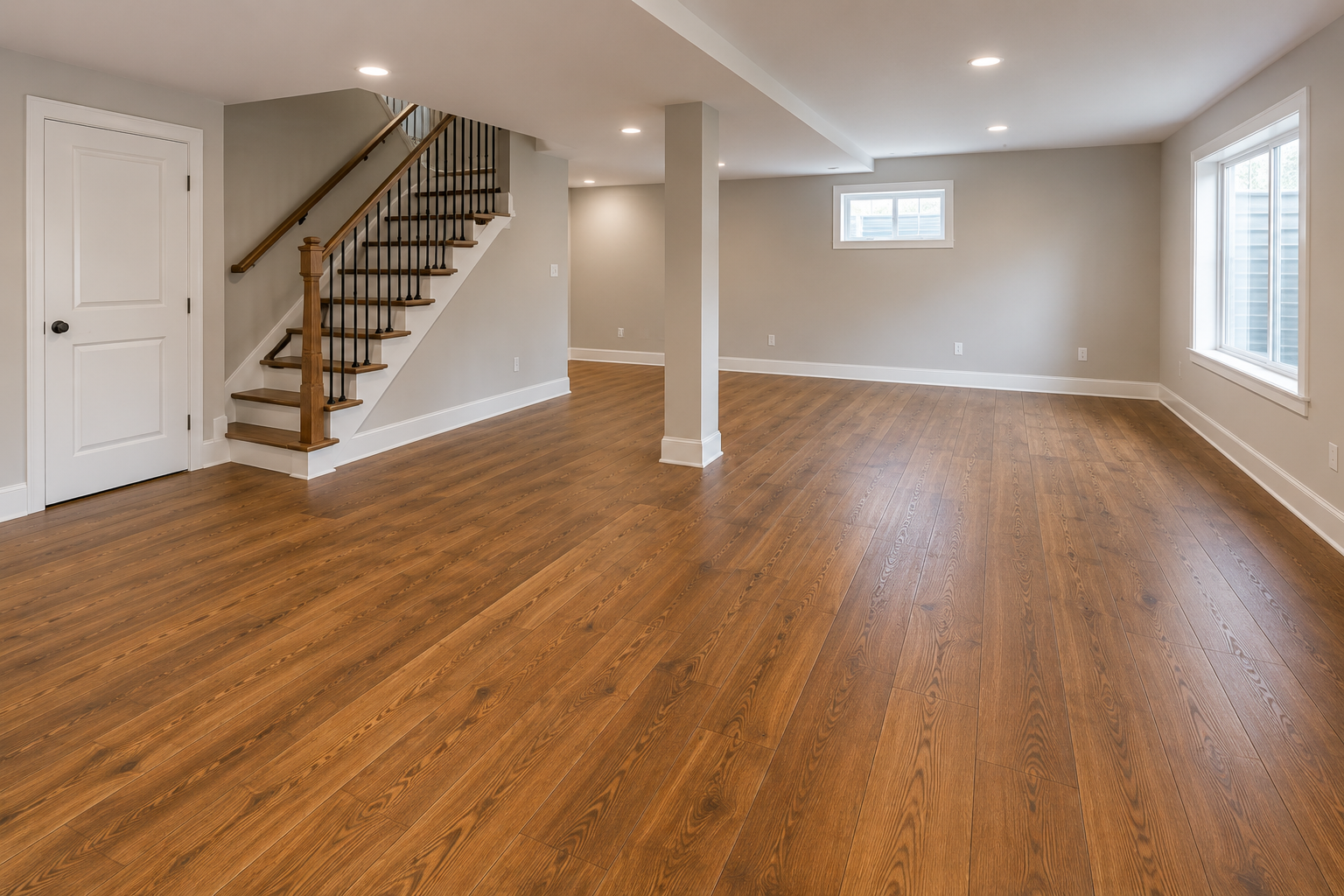 Engineered hardwood flooring installed in a finished basement in Morton Grove, IL