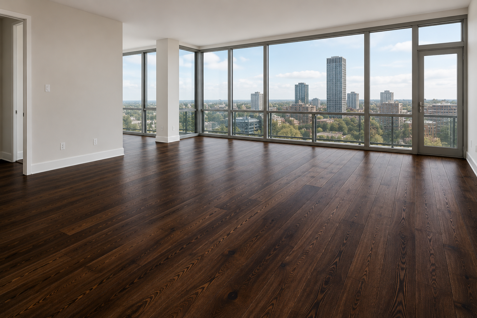 Dark engineered hardwood flooring installed in a condo in Park Ridge, IL