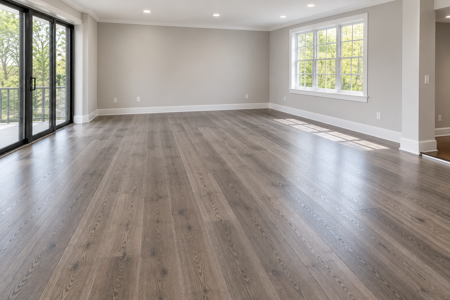 Gray engineered hardwood flooring installed in a bright home in Glencoe, IL