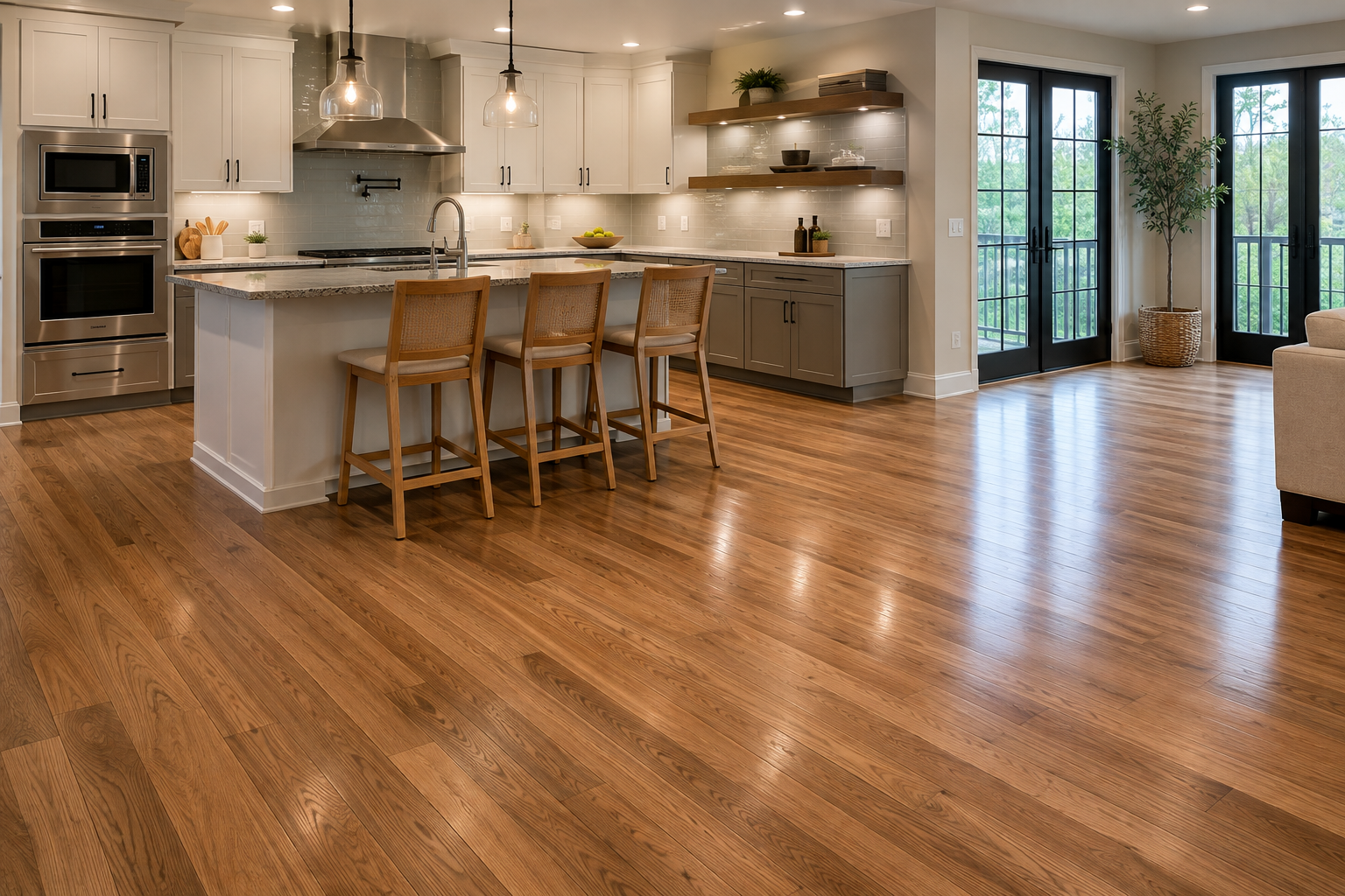 New hardwood floor installation in an open kitchen and living area in Chicago
