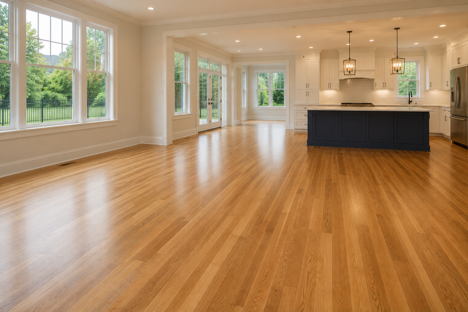Natural hardwood floor installation in an open kitchen and living space in Naperville