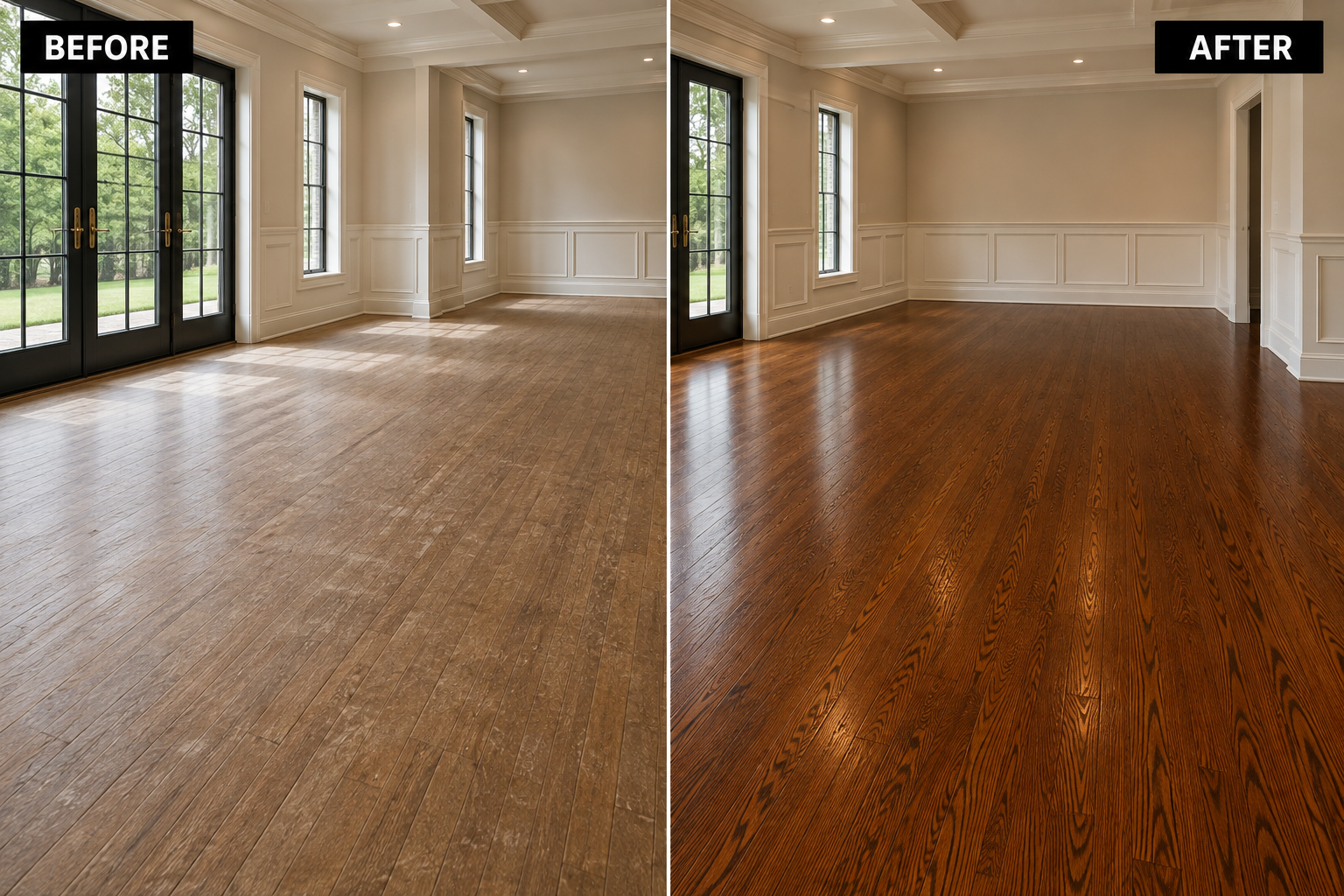 Hardwood Floor Refinishing Before & After | Midwest Hardwood Floors Chicago Before and after hardwood floor refinishing completed by Midwest Hardwood Floors in Chicago, showing worn wood restored to a rich, smooth finish.