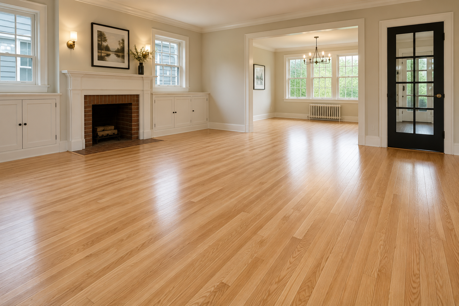 Refinished natural hardwood floors in a bright living and dining room in Evanston