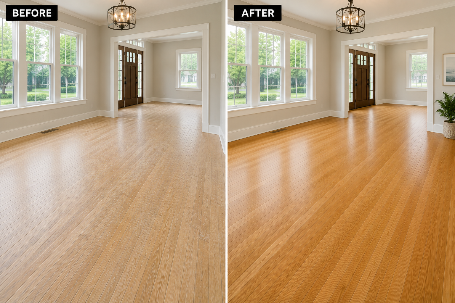 Hardwood Floor Refinishing Before & After in Glencoe, IL | Midwest Hardwood Floors Before and after hardwood floor refinishing completed by Midwest Hardwood Floors in Glencoe, IL, featuring a worn hardwood floor restored with a rich walnut stain.