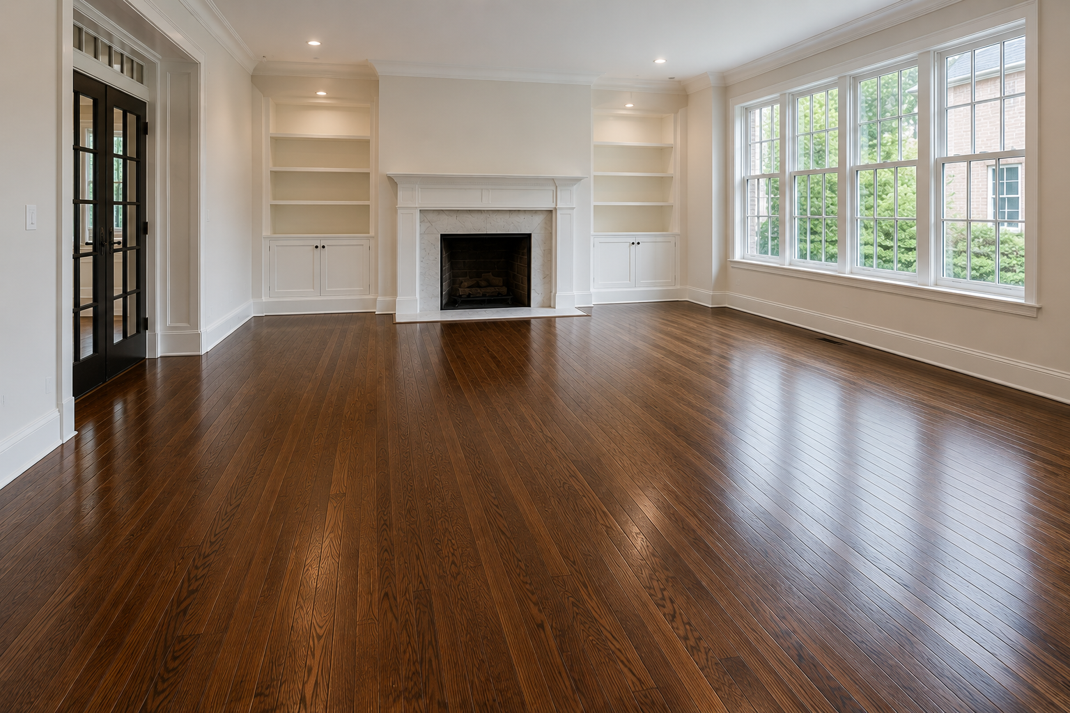 Dark hardwood floors after refinishing in an empty living room in Glencoe