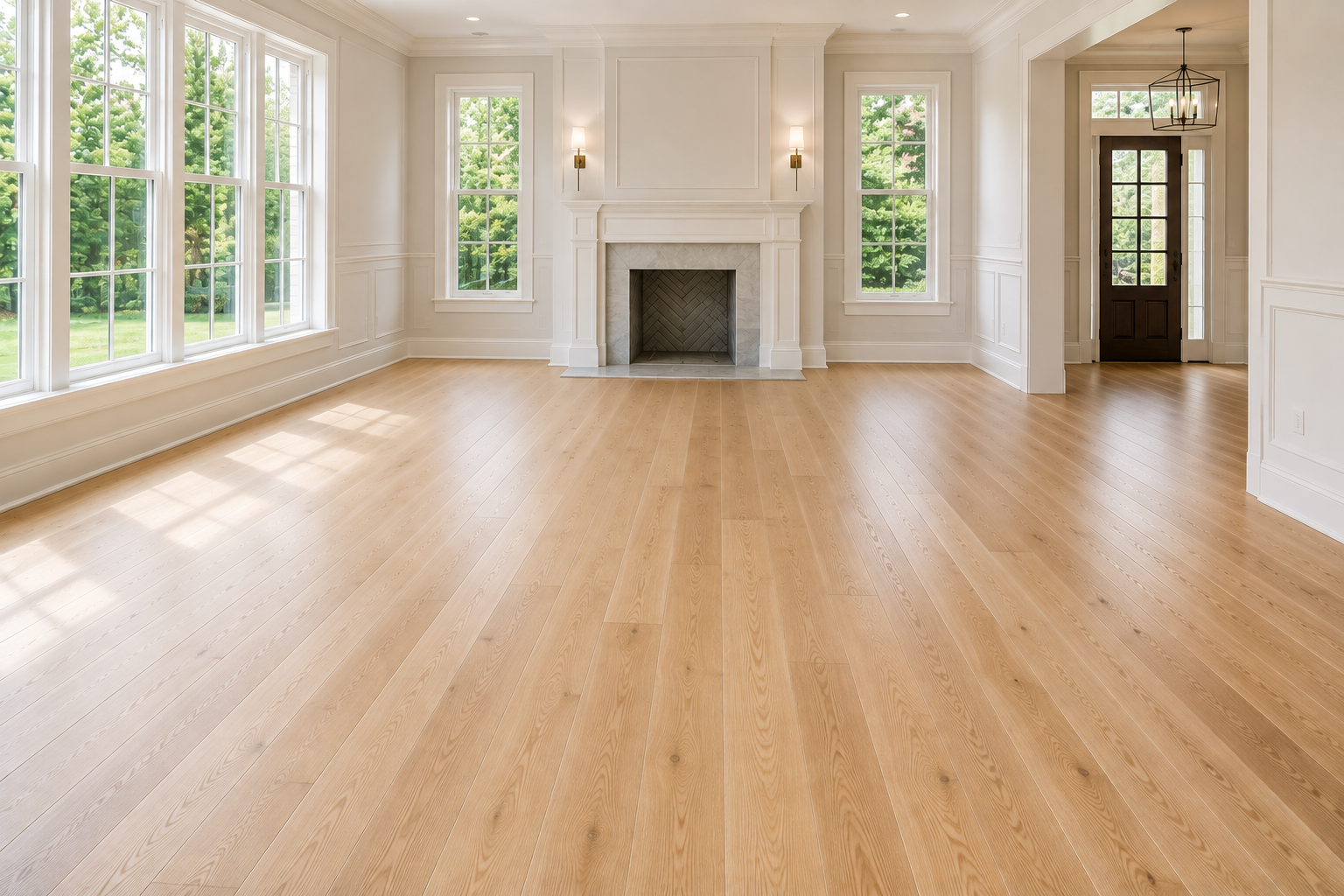 Light natural hardwood floors after refinishing in a bright Lake Forest home
