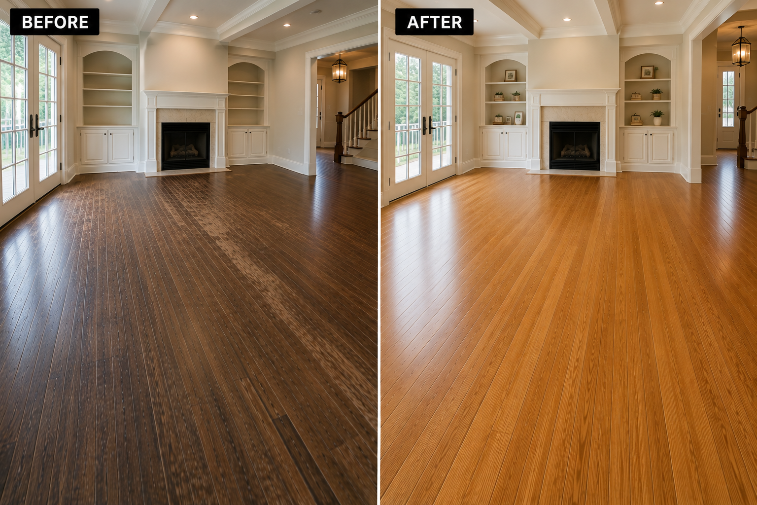 Hardwood Floor Refinishing Before & After in Wilmette, IL | Midwest Hardwood Floors Before and after hardwood floor refinishing completed by Midwest Hardwood Floors in Wilmette, IL, showing worn hardwood restored to a beautiful natural finish.