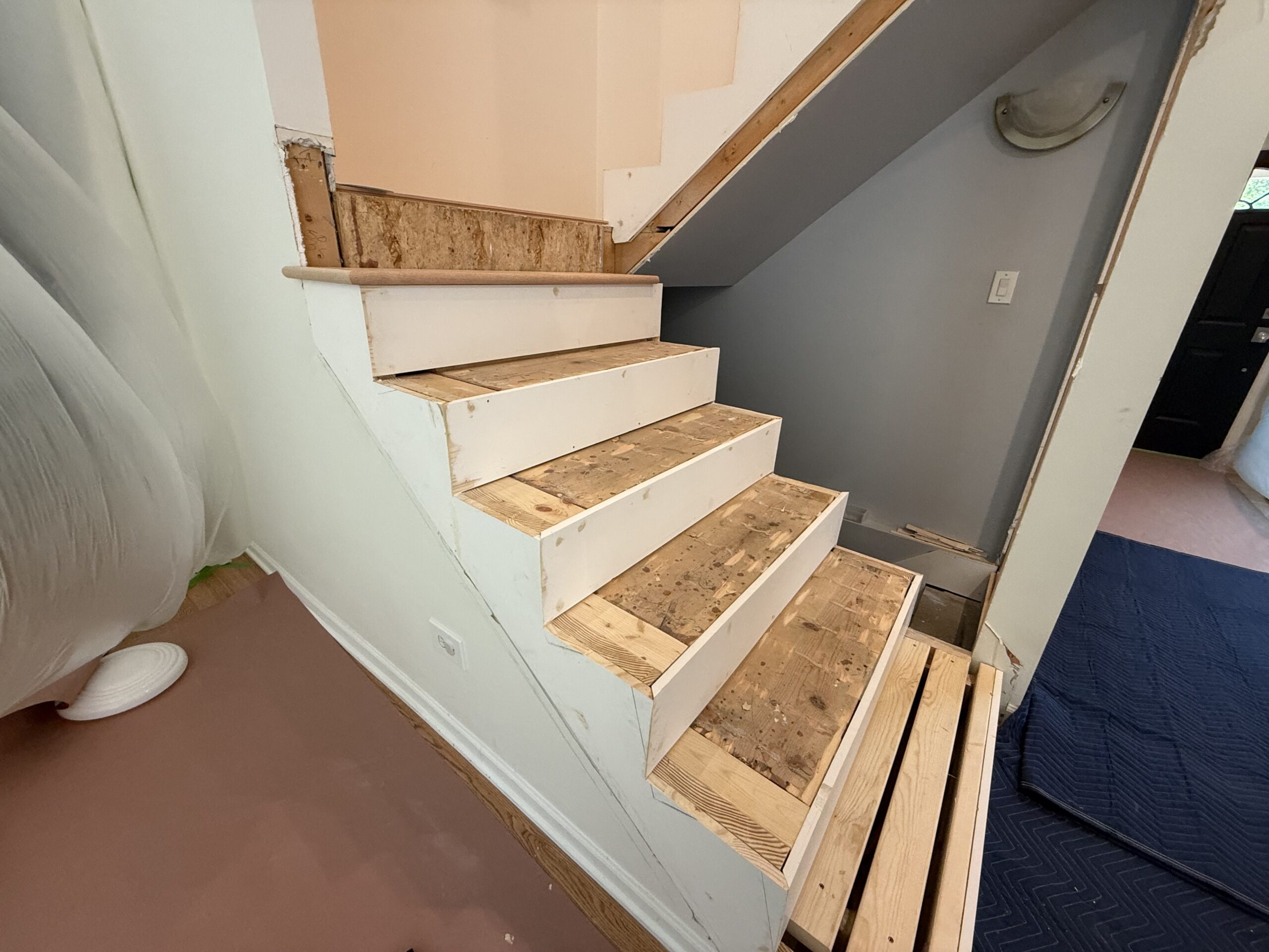 Hardwood staircase before installation by Midwest Hardwood Floors in a Highland Park home