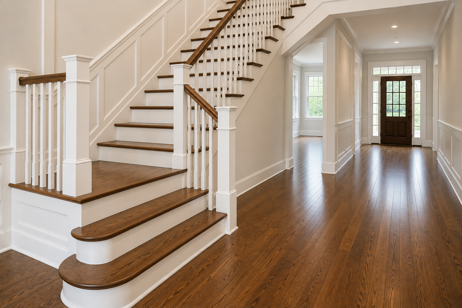Hardwood staircase with matching wood floors in a Winnetka home