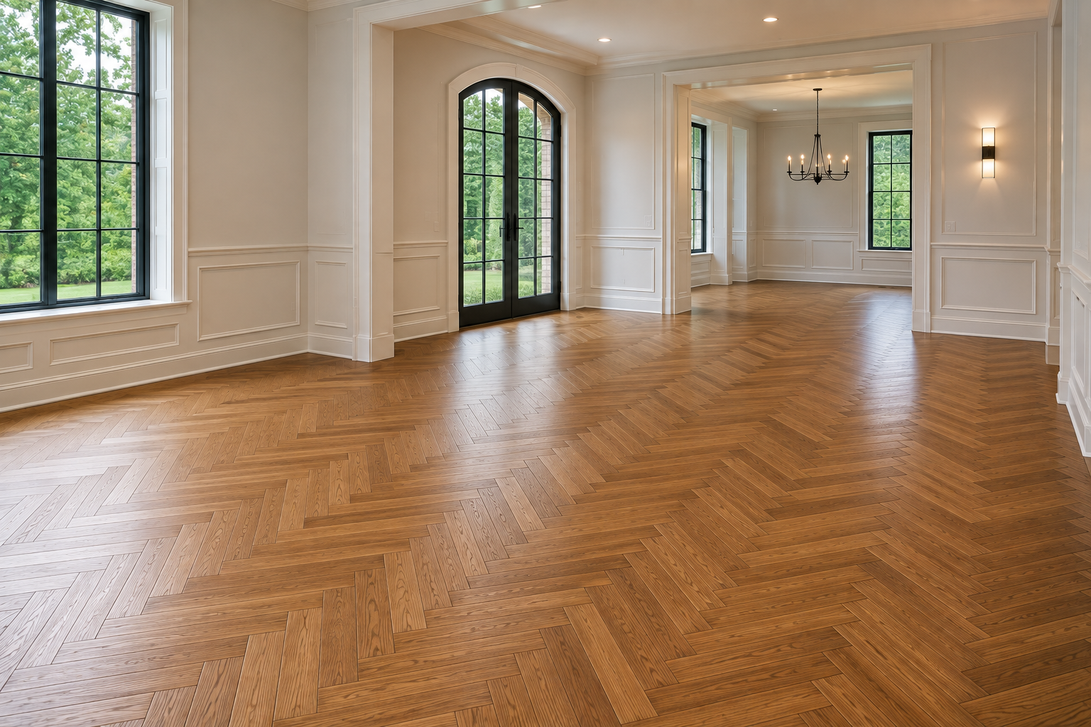 Custom herringbone hardwood flooring in an elegant Highland Park home