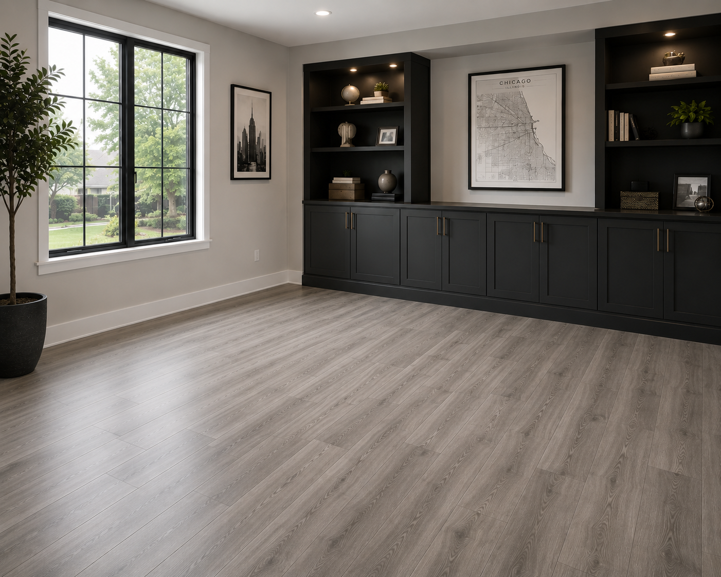 Gray laminate flooring in a home office in Northbrook, IL