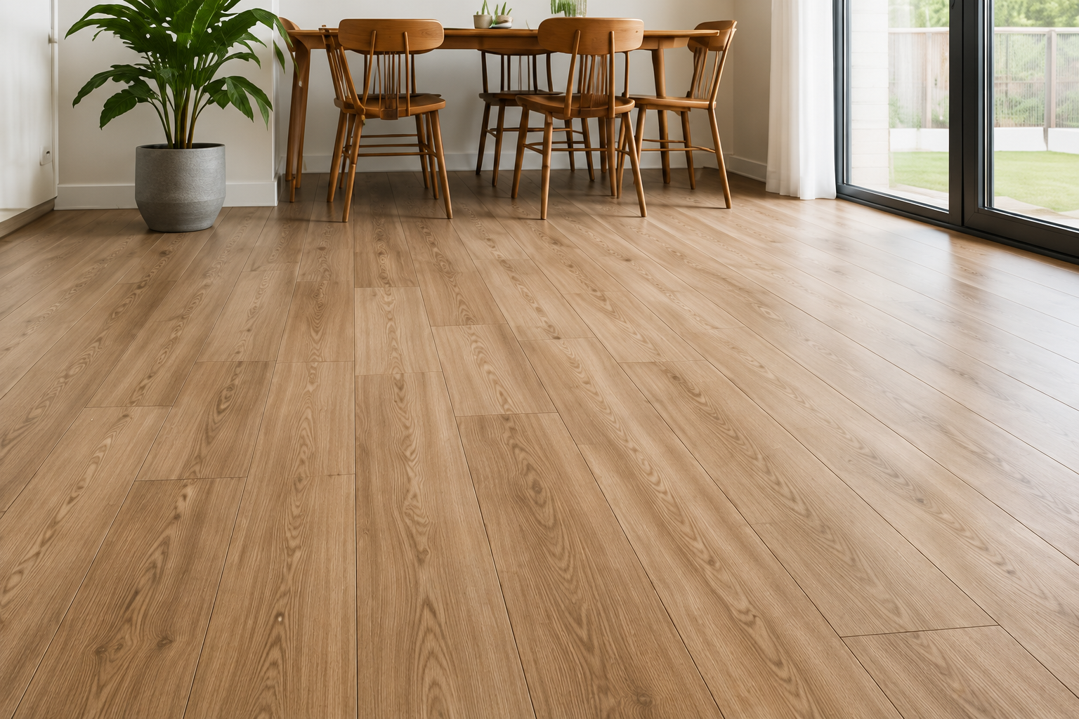 Laminate Flooring in Chicago Living Space Light oak-look laminate flooring in a modern Chicago living space