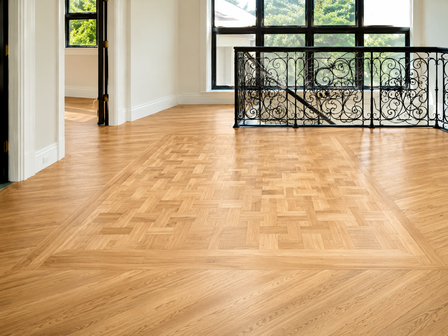 Refinished hardwood floor with custom wood pattern in Chicago, Illinois