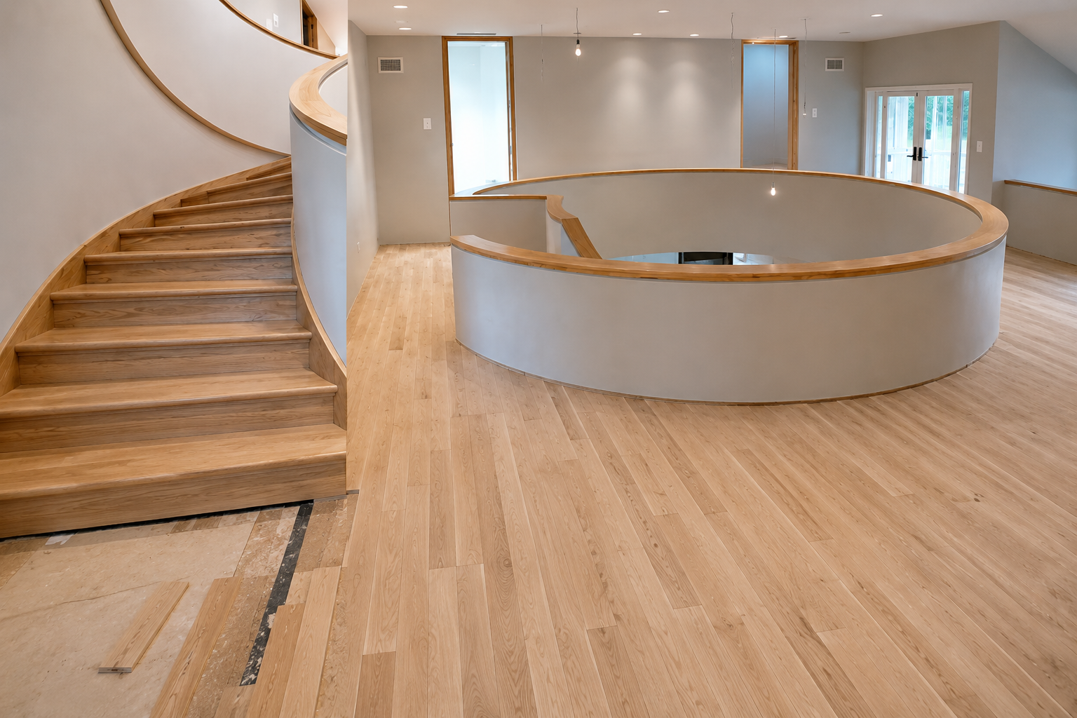 Unfinished Hardwood Floor Installation in Hyde Park, IL | Midwest Hardwood Floors Unfinished white oak hardwood floor installation in progress with a custom curved staircase in a Hyde Park, Illinois home.