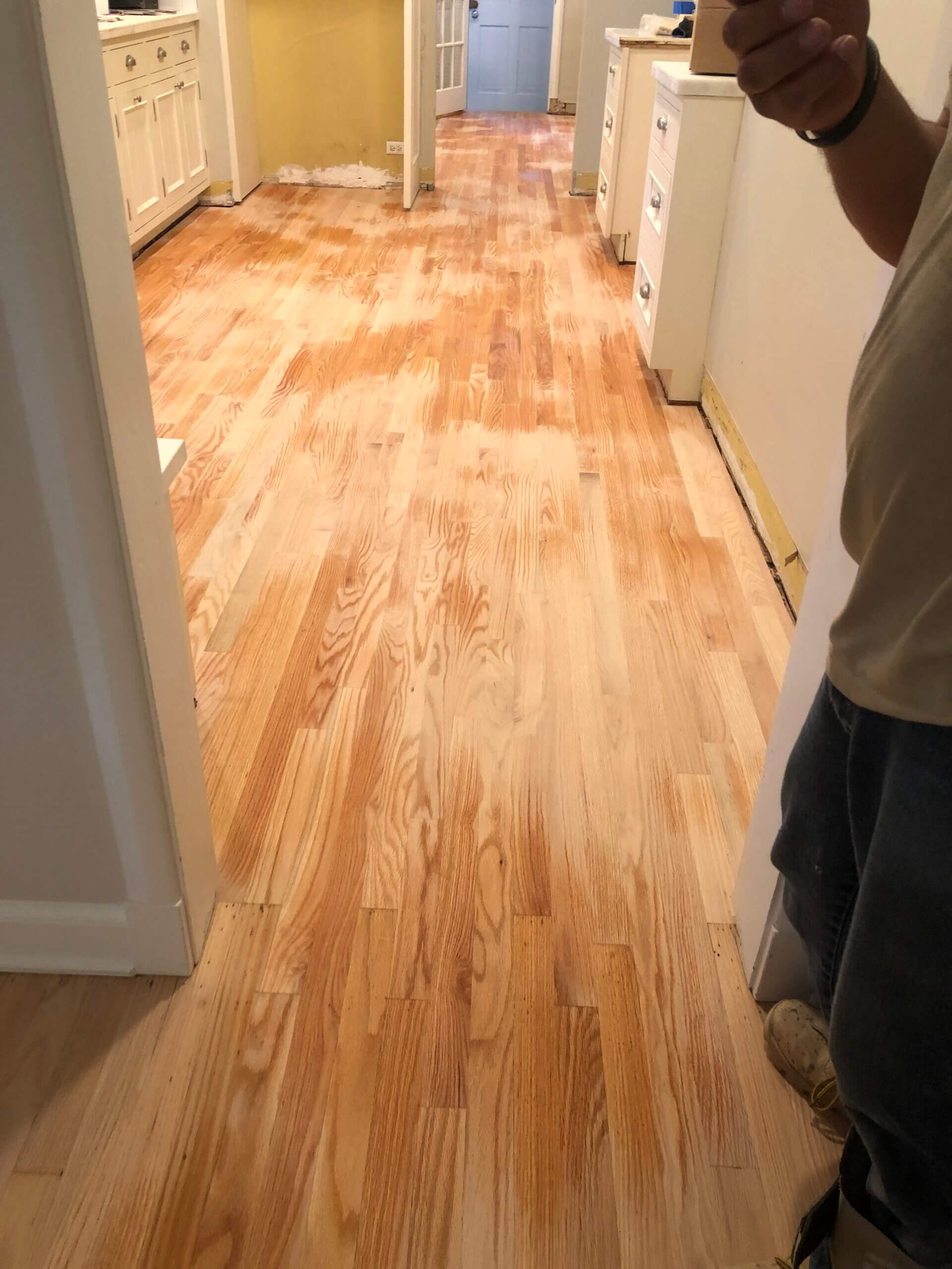 New red oak hardwood flooring before staining in Lake Forest, IL by Midwest Hardwood Floors