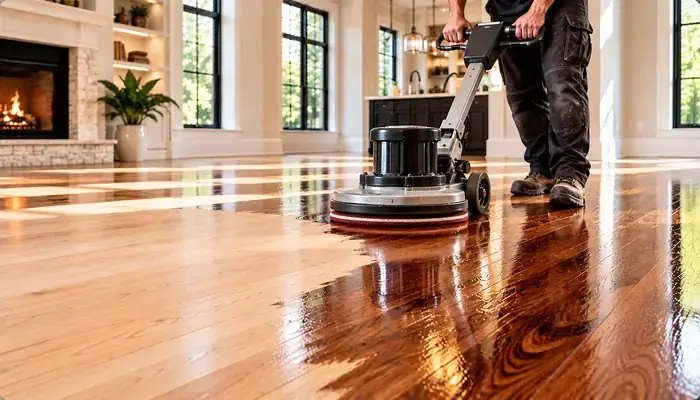Custom hardwood floor staining with a professional buffer machine in Glencoe, IL