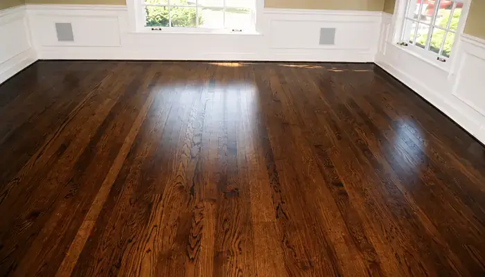 Dark stained oak hardwood floor after refinishing in Wilmette, IL