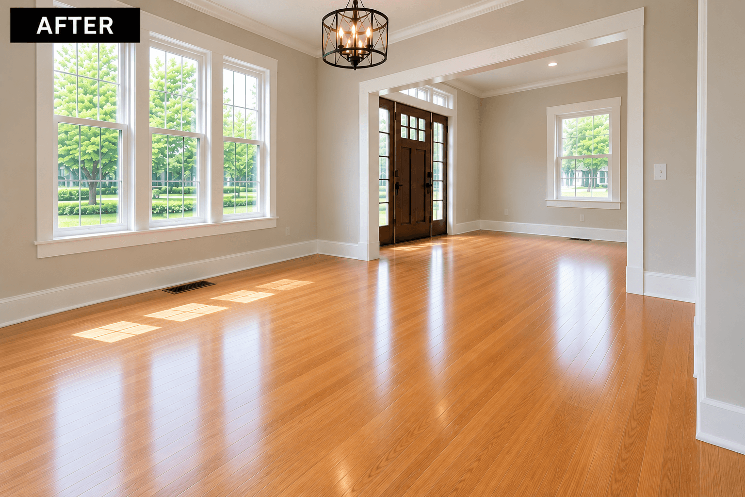 After hardwood floor refinishing completed by Midwest Hardwood Floors in Glencoe, IL, featuring a worn hardwood floor restored with a rich natural stain.