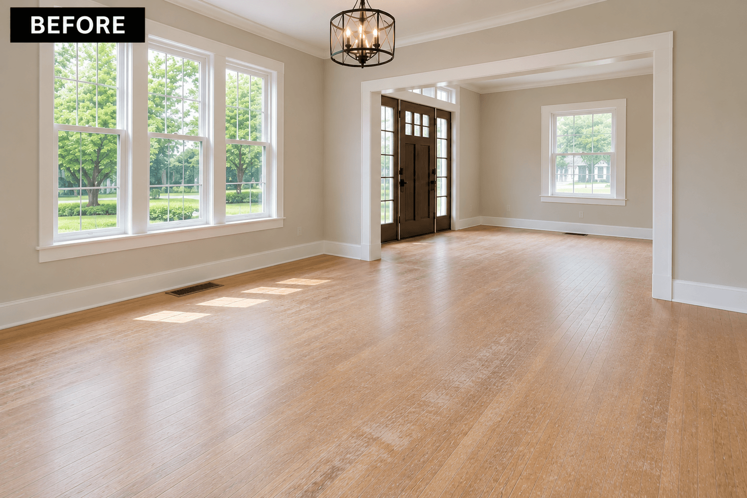 Before hardwood floor refinishing completed by Midwest Hardwood Floors in Glencoe, IL, featuring a worn hardwood floor restored.