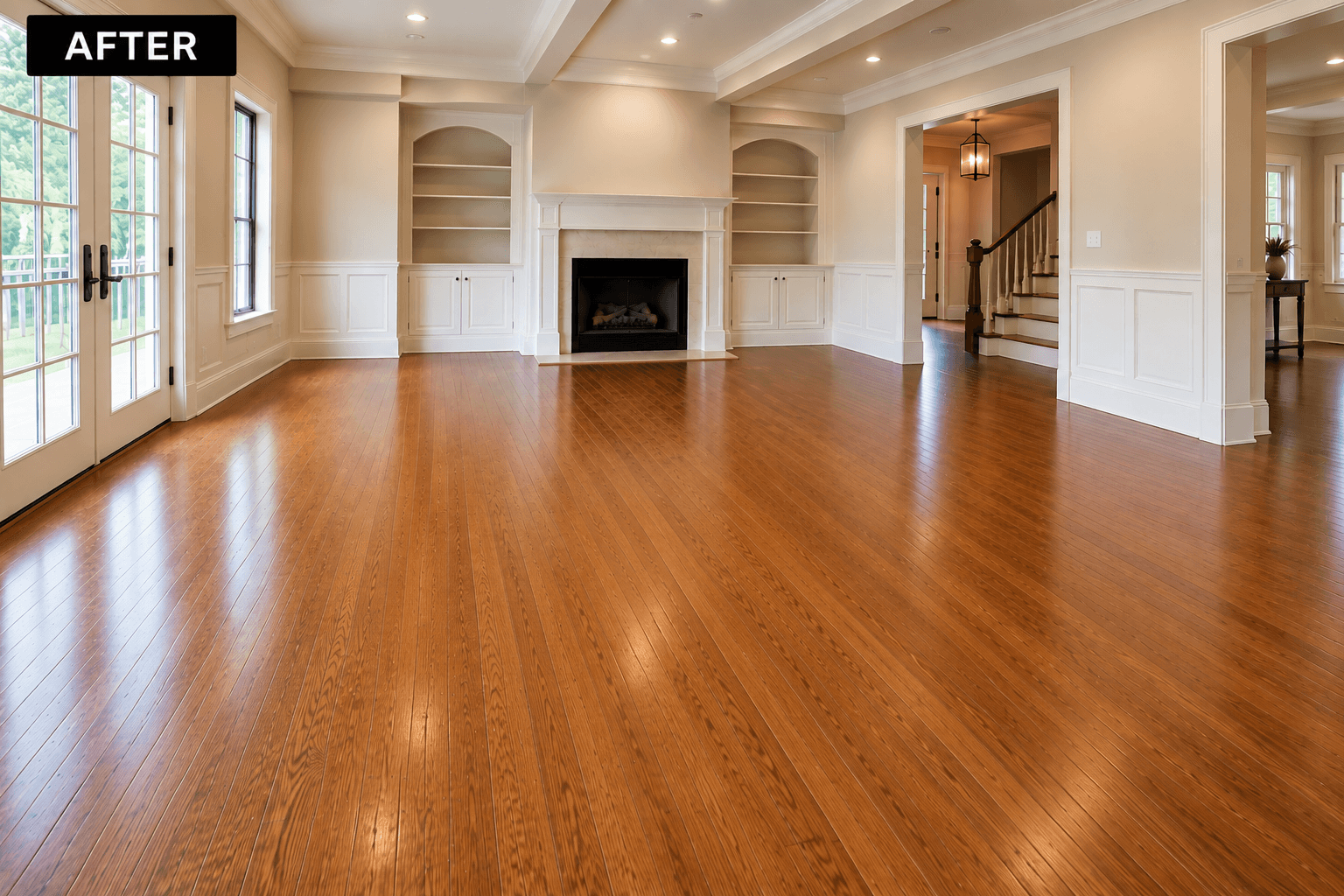 After hardwood floor refinishing completed by Midwest Hardwood Floors in Wilmette, IL, showing worn hardwood restored to a beautiful natural finish.