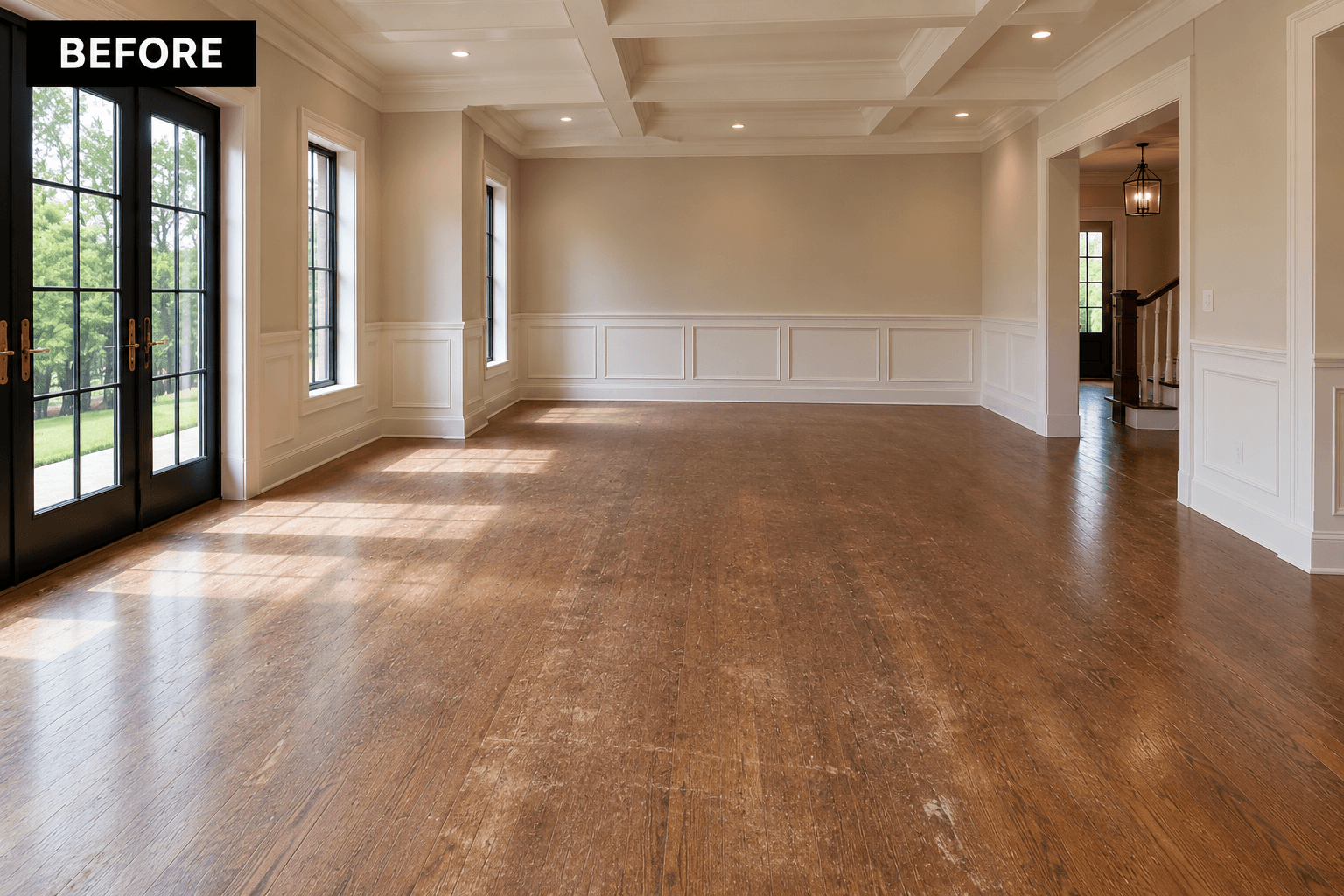 Worn hardwood floor before professional refinishing by Midwest Hardwood Floors in Chicago.