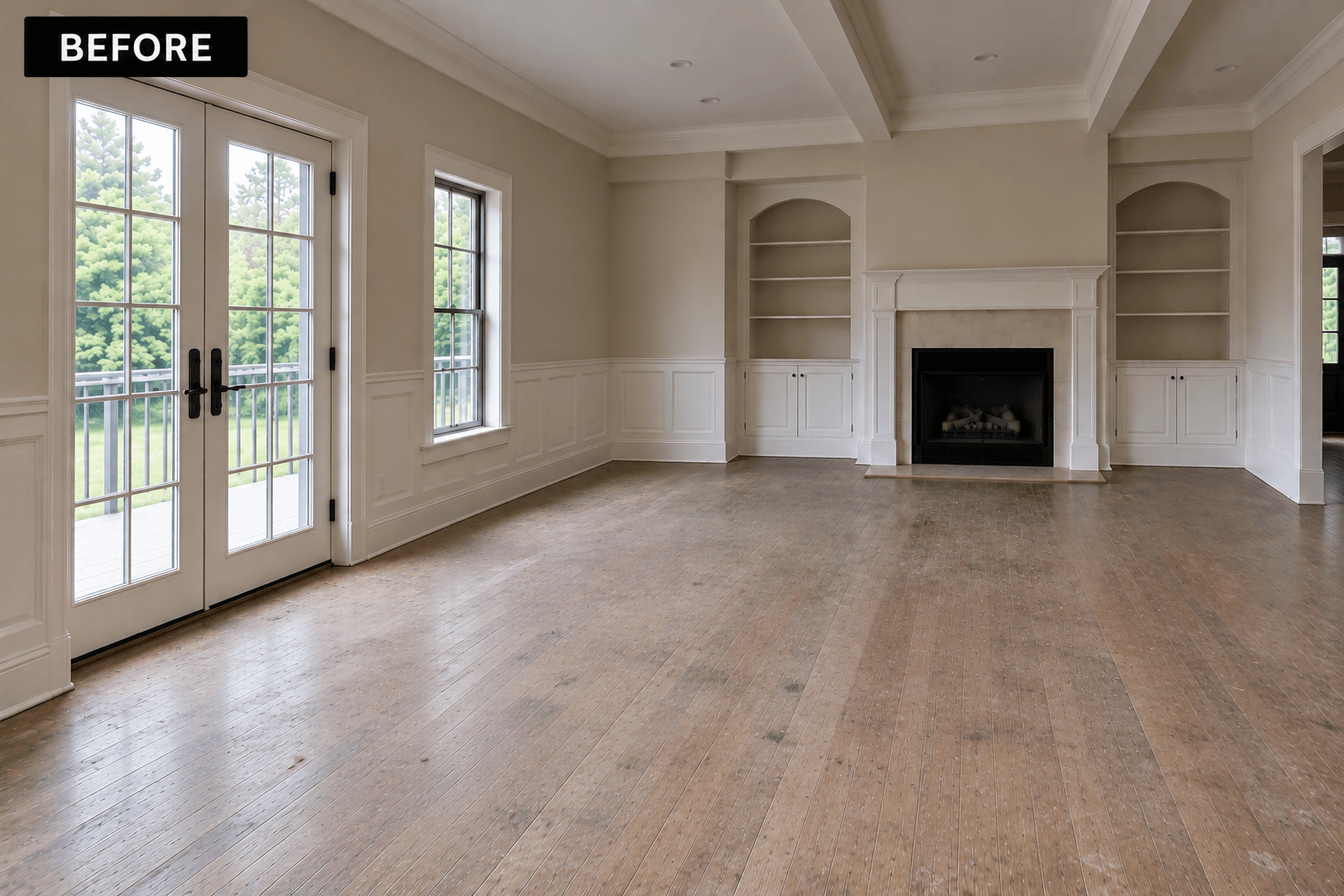 Before hardwood flooring refinishing by Midwest Hardwood Floors in Wilmette, IL showing worn hardwood.