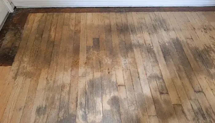 Worn hardwood floor before refinishing in Northfield, IL by Midwest Hardwood Floors