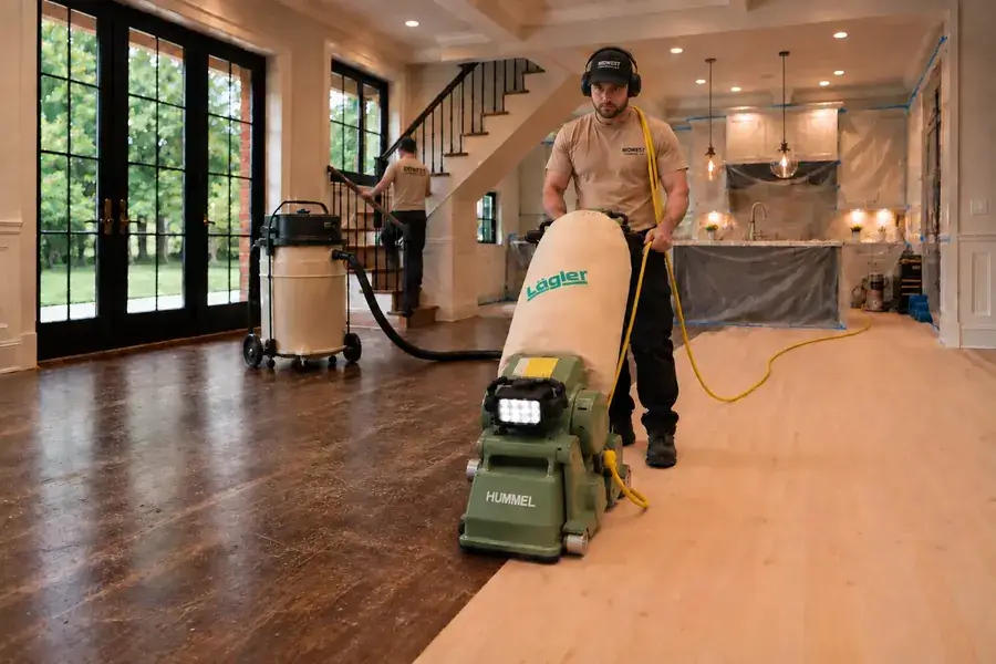 Dustless hardwood floor refinishing with professional sanding equipment by Midwest Hardwood Floors