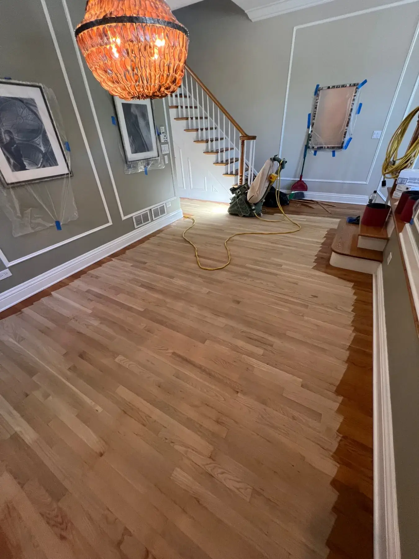Red oak hardwood floor sanding process in Wilmette, IL