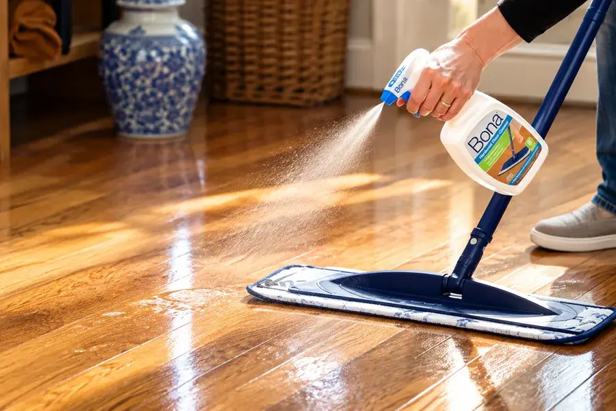 Hardwood floor cleaner being applied before cleaning with a microfiber mop