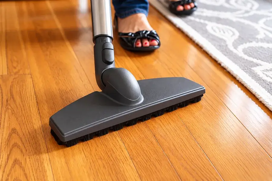 Vacuuming hardwood flooring with a soft-bristle floor attachment