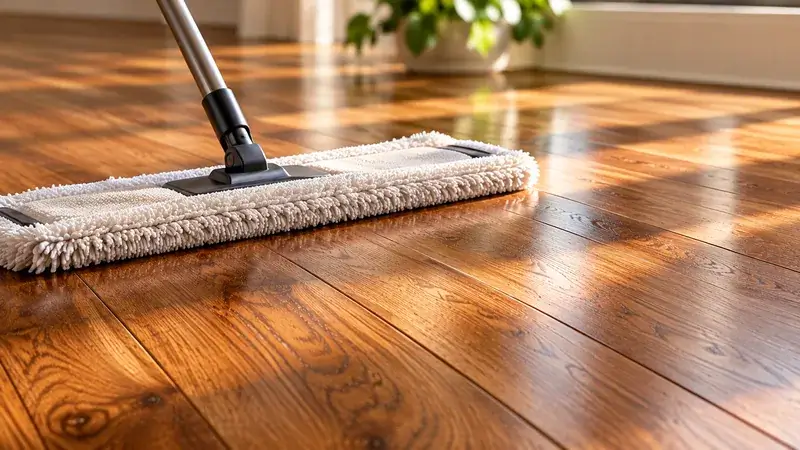 Microfiber dust mop cleaning a finished hardwood floor
