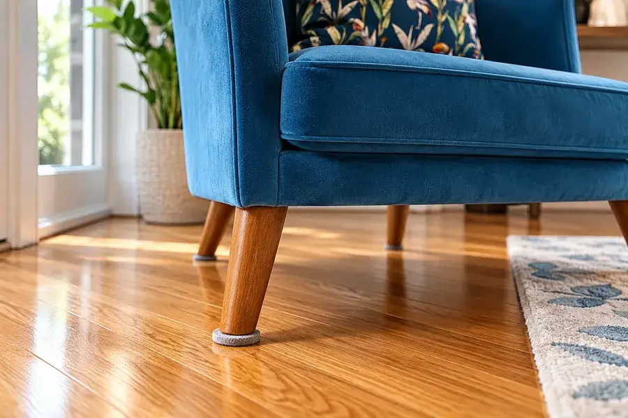 Furniture leg with felt pad protecting a finished hardwood floor