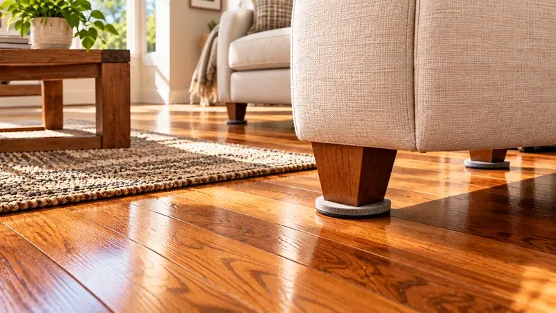 Furniture leg with felt pad protecting a finished hardwood floor
