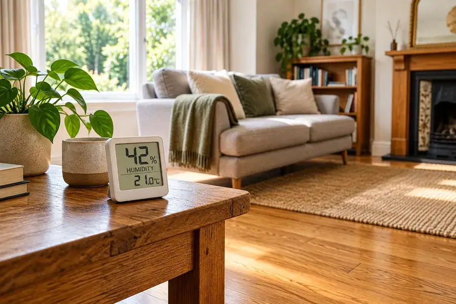Indoor humidity meter showing 42 percent in a home with hardwood floors