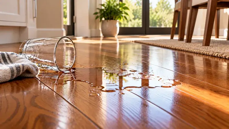 Water spill on a finished hardwood floor ready to be wiped up