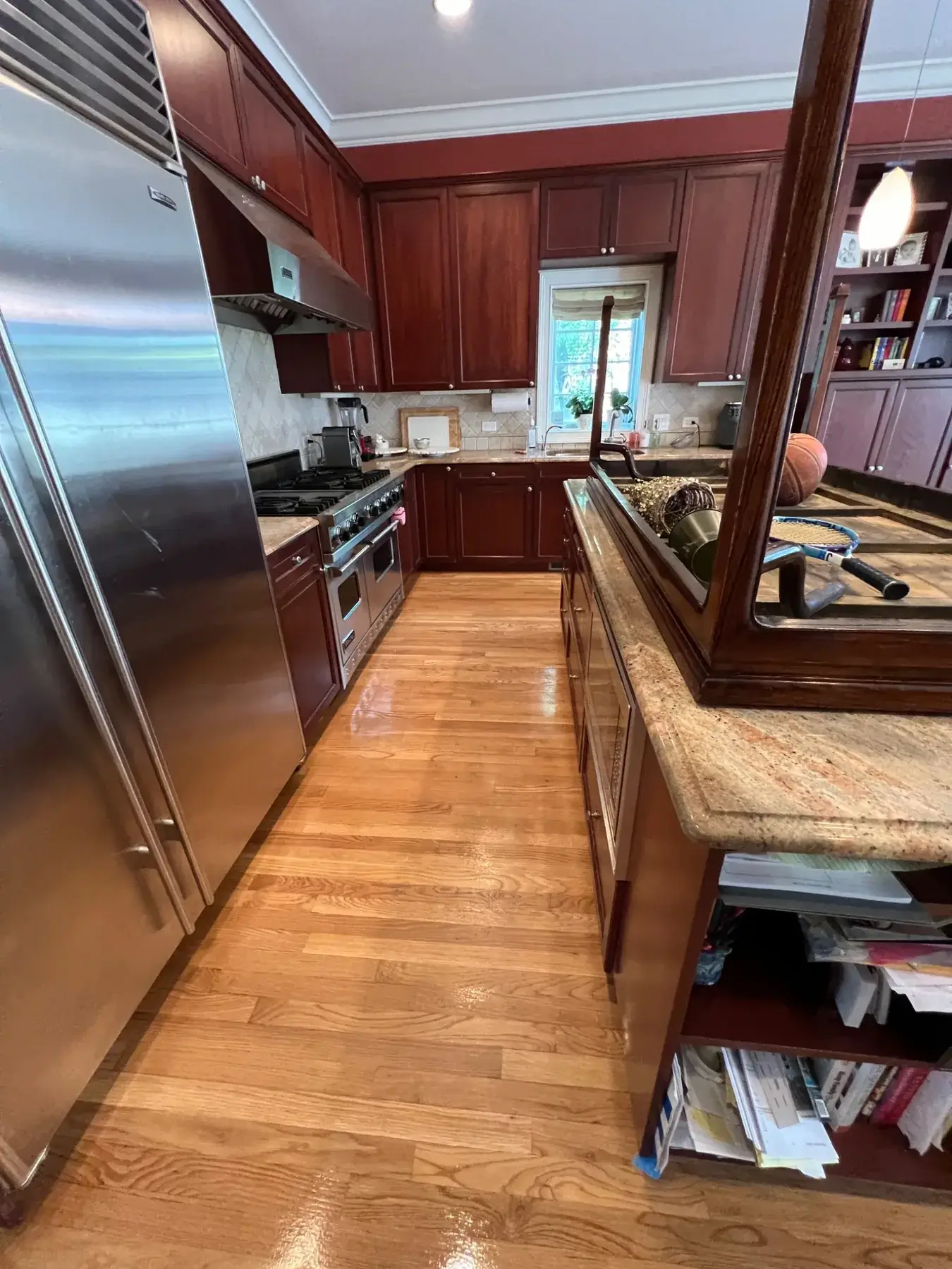 Refinished red oak kitchen hardwood floor in Wilmette, IL